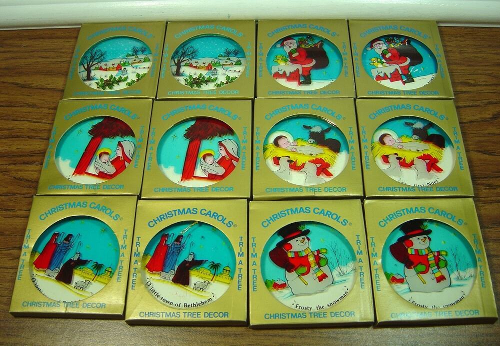 VINTAGE CHRISTMAS CAROLS TRIM A TREE GLASS DISC ORNAMENTS-1983-SET OF 12